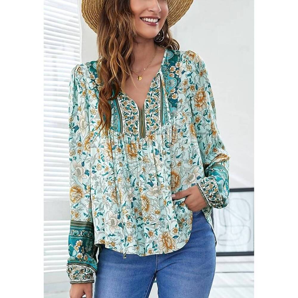 NEW ESLEY COLLECTION bohdi boho floral blouse in teal